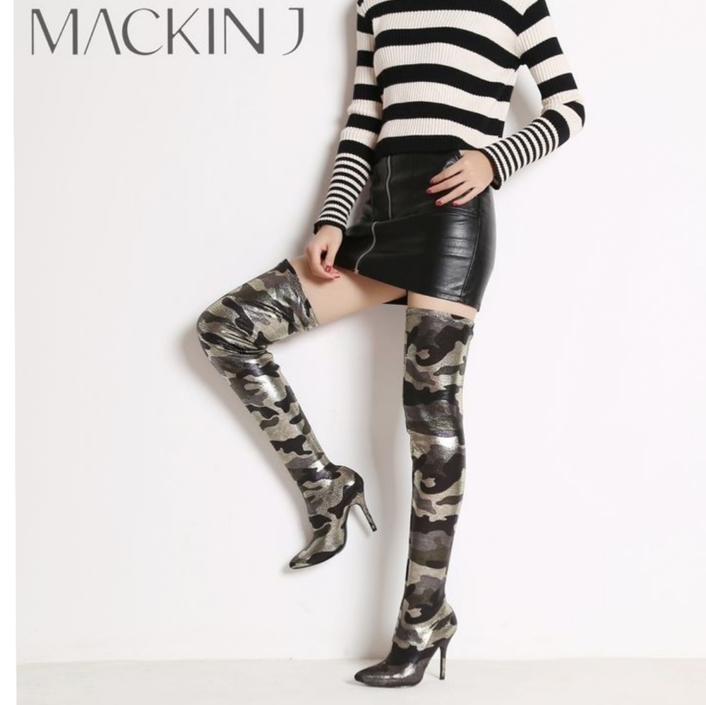 Mackin J Thigh High Camo Boots  Stiletto Size 7